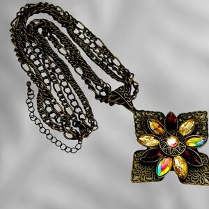 Beautiful Bronze Floral Cross Pendant Statement Necklace